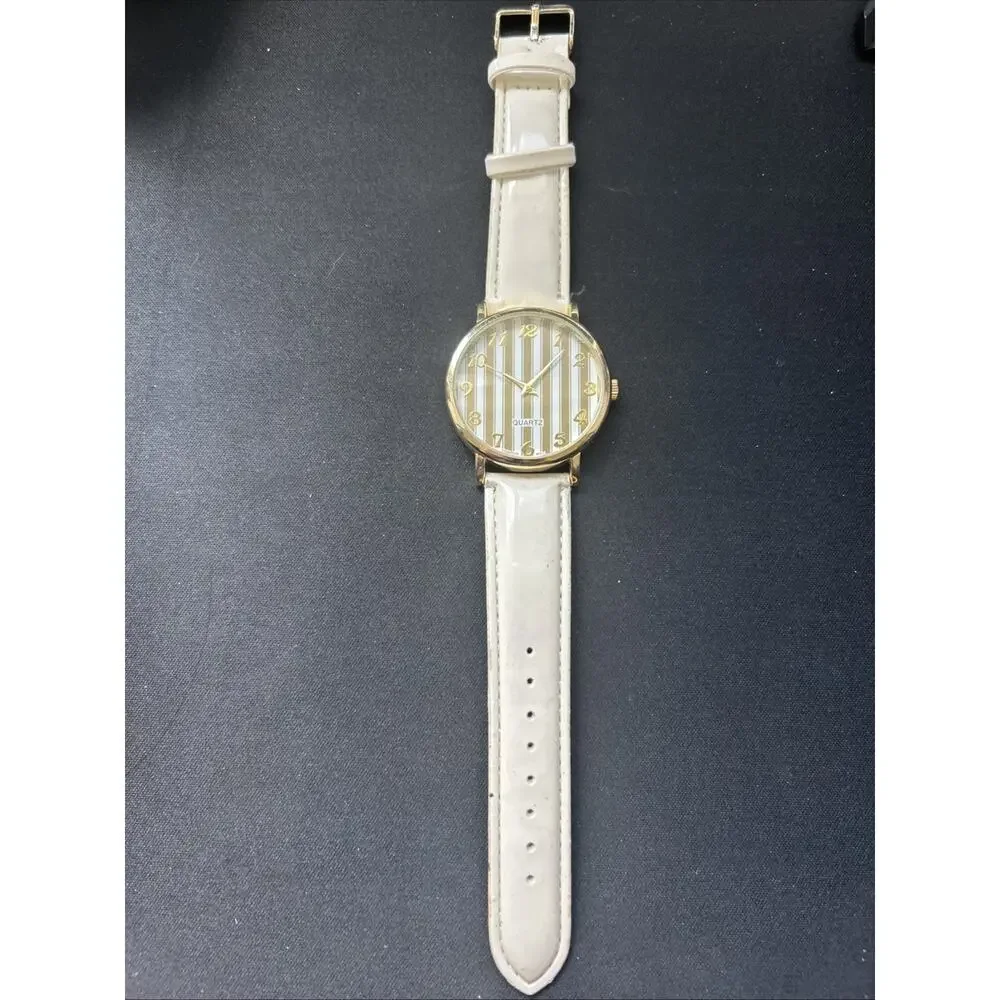 Gold Tone White Band Striped Dial Women’s Quartz Watch